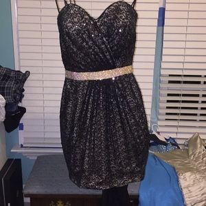 Black sequined dress with crystal belt